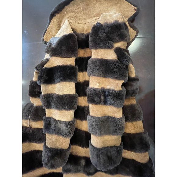 Vintage 70s Mouton Fur Long Coat Suede Stripe Shearling Retro Boho Glam XXS READ - Picture 4 of 16